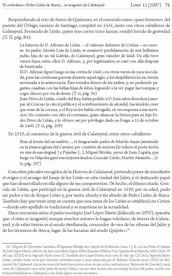Página 71 del artículo “El «toledano» Pedro Liñán de Riaza —candidato a  sustituir a Avellaneda- es aragonés, de Calatayud" de Antonio Sánchez Portero [9].